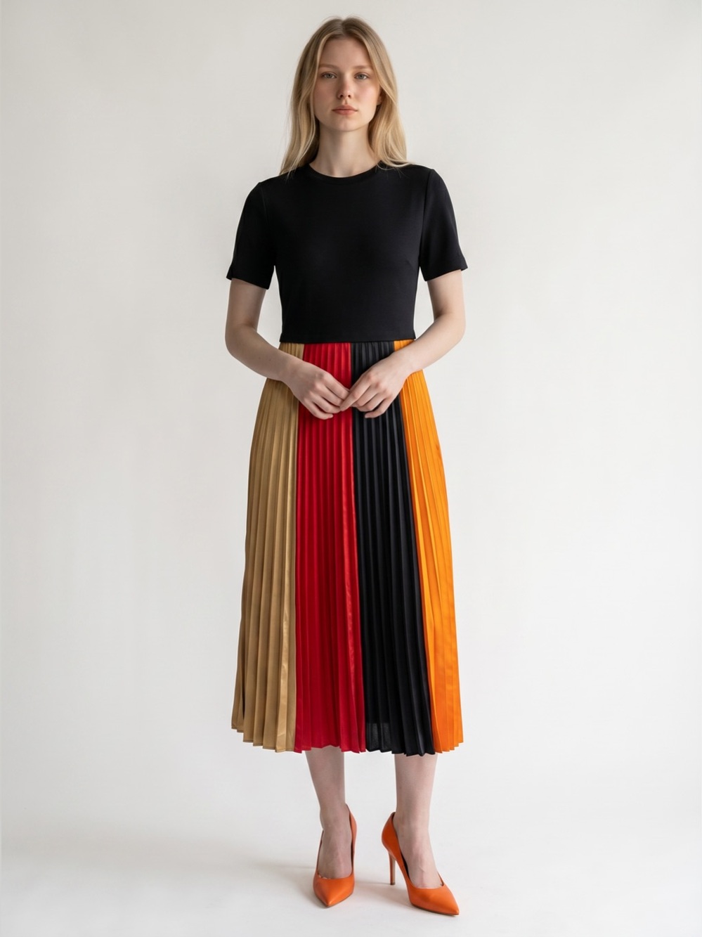 Karl Lagerfeld women’s size 4 pleated black multicolor striped midi dress $158